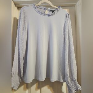 Adrianna Papell Anthropologie Top Womens L Blue Ruffle Neck Dotted Long Sleeves